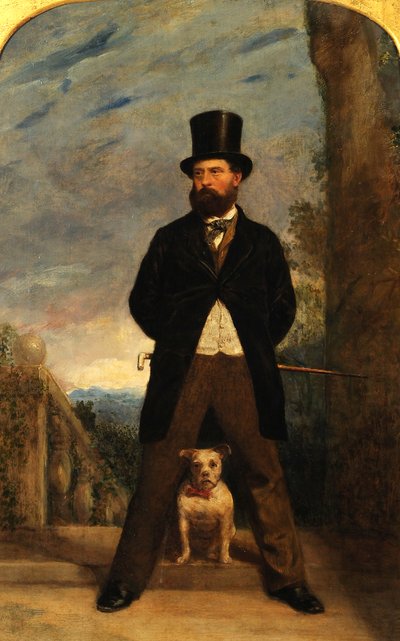 Selbstporträt mit seinem Hund, Madame Sacchi, ca. 1866 von Samuel Bough